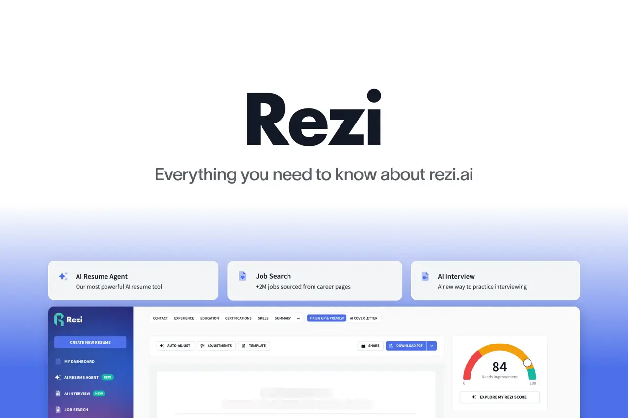 Rezi logo and tagline above the Rezi resume builder showing AI Resume Agent, Job Search and AI Interview tools.