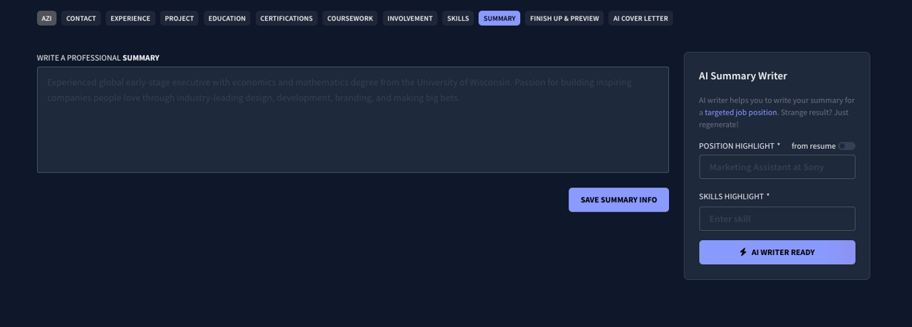 The summary section inside Rezi's resume builder