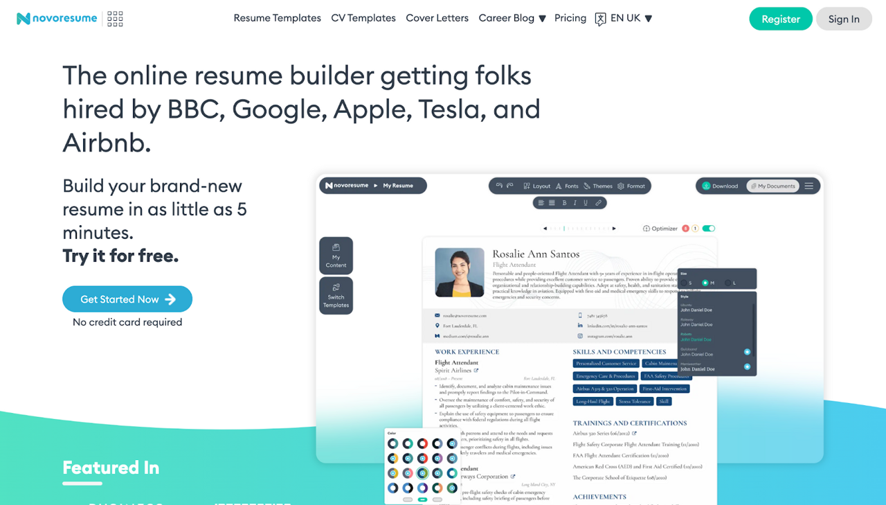Novoresume website homepage