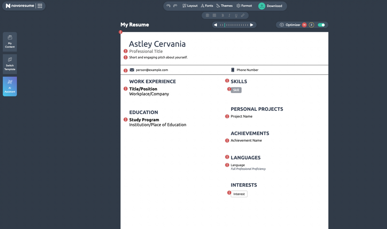 Example of what it looks like when building a resume inside Novoresume's resume builder