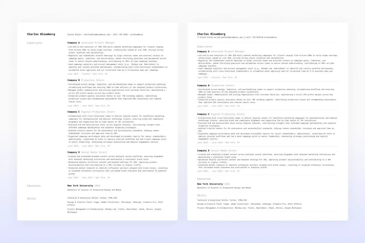 Rezi Dev and Dev Compact resume templates side by side, with experience, education and skills sections.