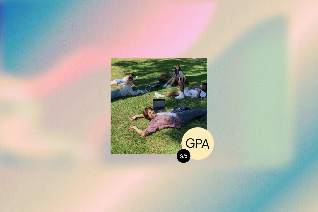 Students lying on a lawn with laptops, with a "GPA 3.5" badge.