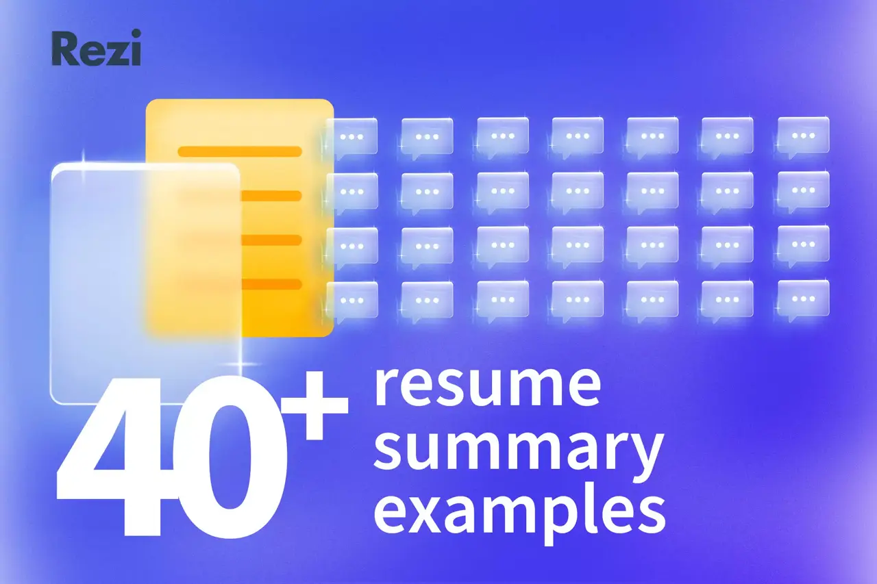 Rezi graphic with a resume page, a grid of chat bubbles and the text "40+ resume summary examples."