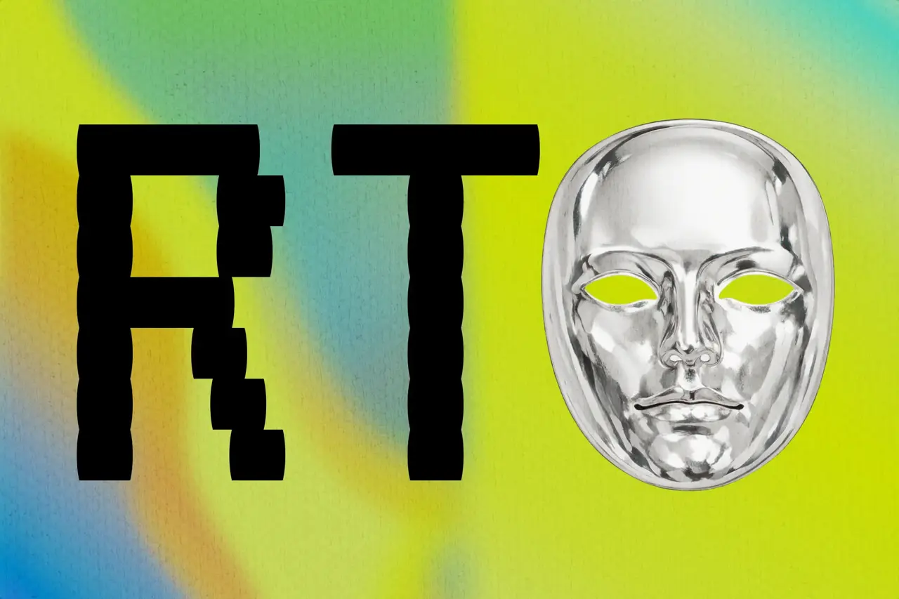 Pixel-style letters "RTO," short for return to office, with a mask replacing the letter O.