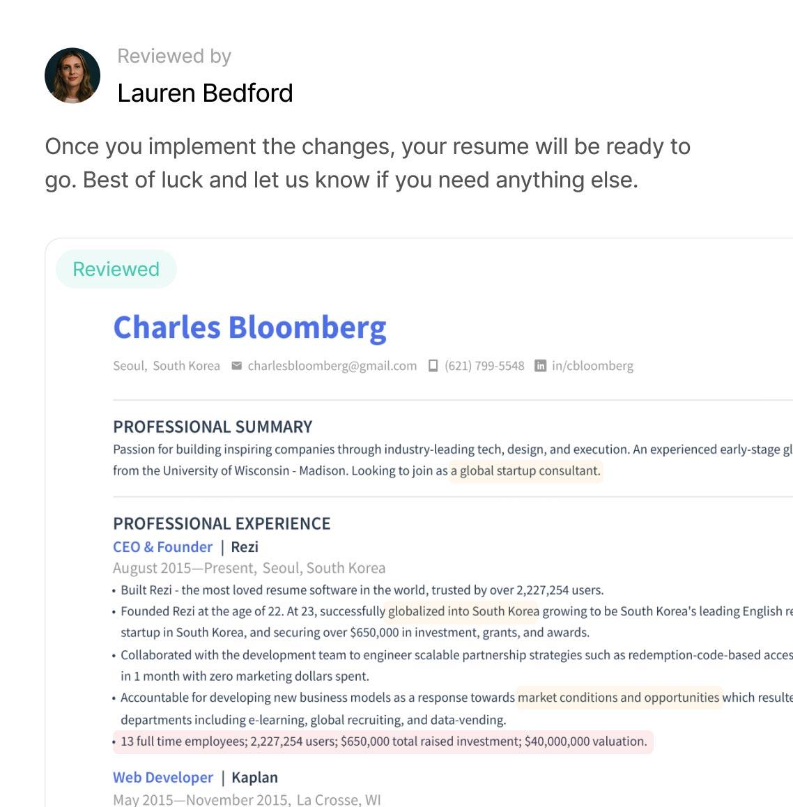 Rezi reviewing a resume and flagging suggested improvements.