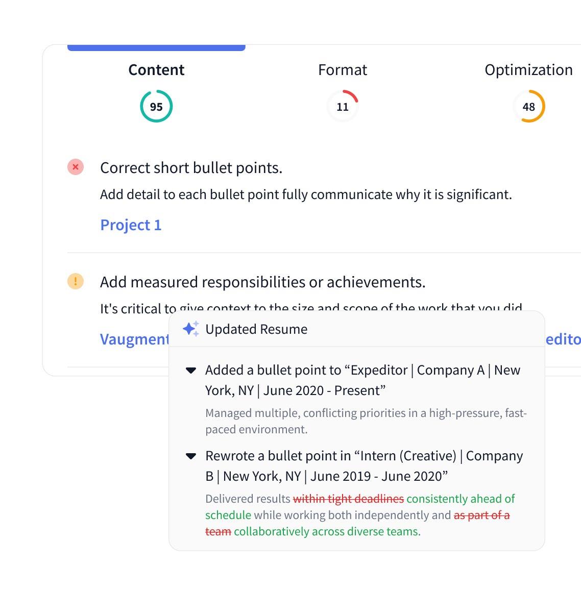 Rezi resume checklist guiding the user through each required section.