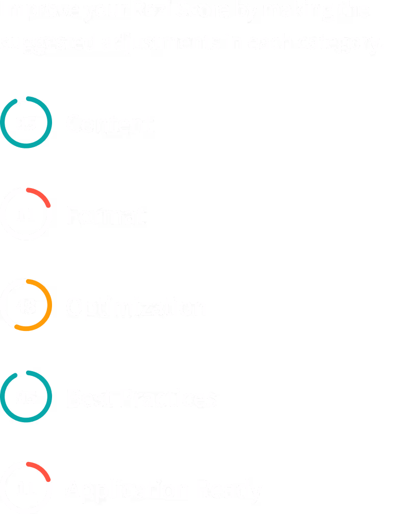 Breakdown of Rezi score categories – including content, format, optimization, best practices, application ready.