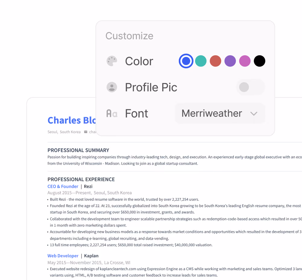 Rezi resume customization panel for colors, fonts, and layout.