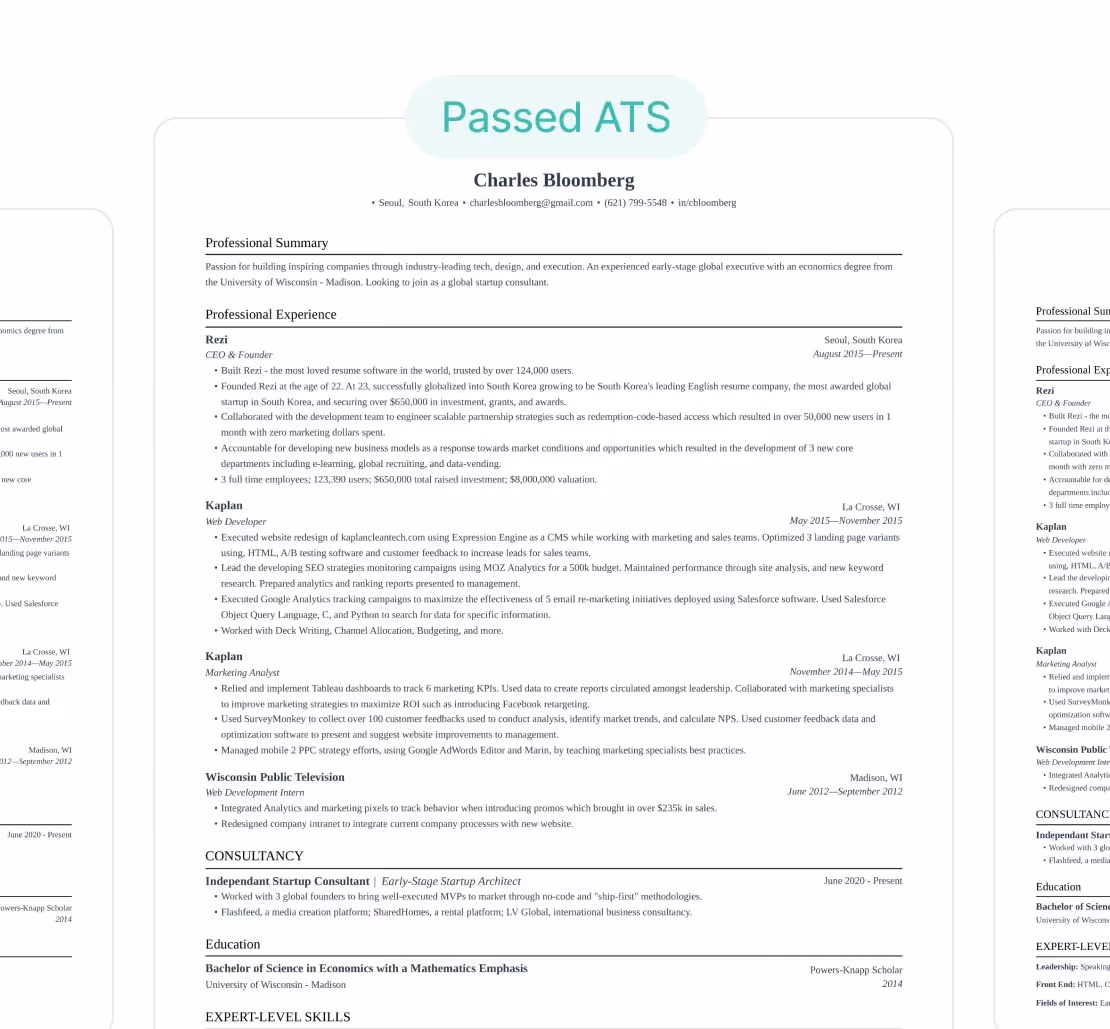 Resume showing professional summary, experience, consultancy, and education sections passed ATS.