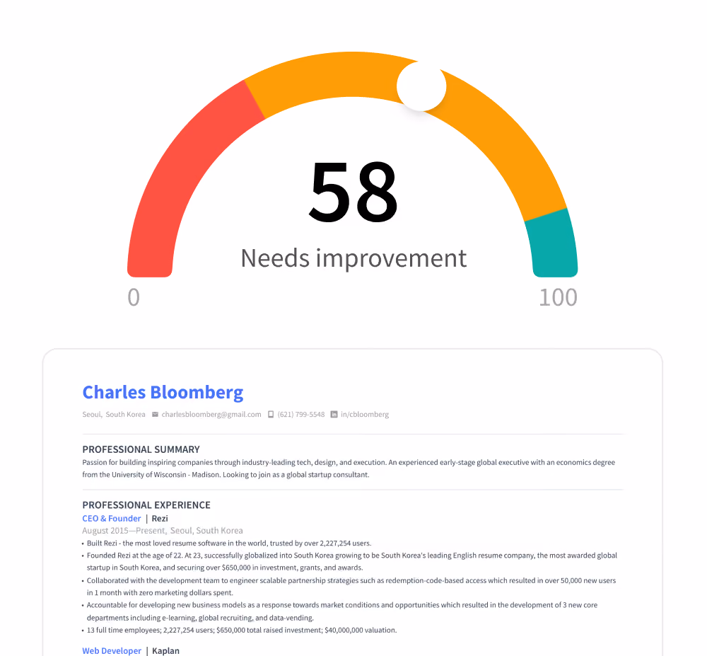 Rezi resume checker showing suggested improvement tips.