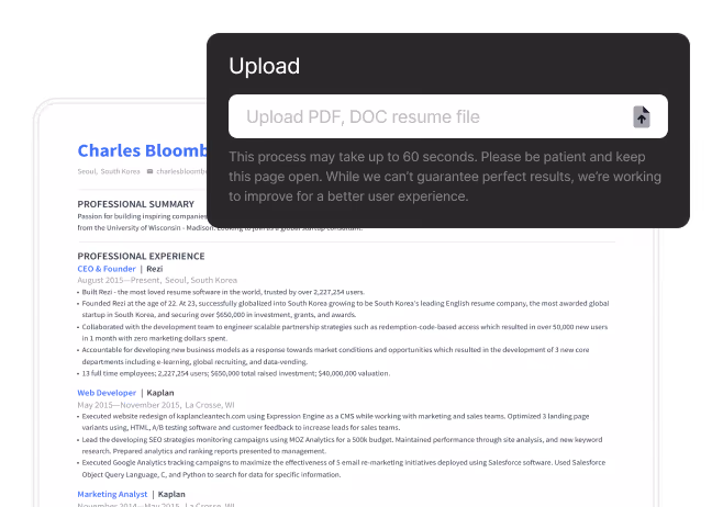 Rezi ATS resume checker upload screen shown on mobile.