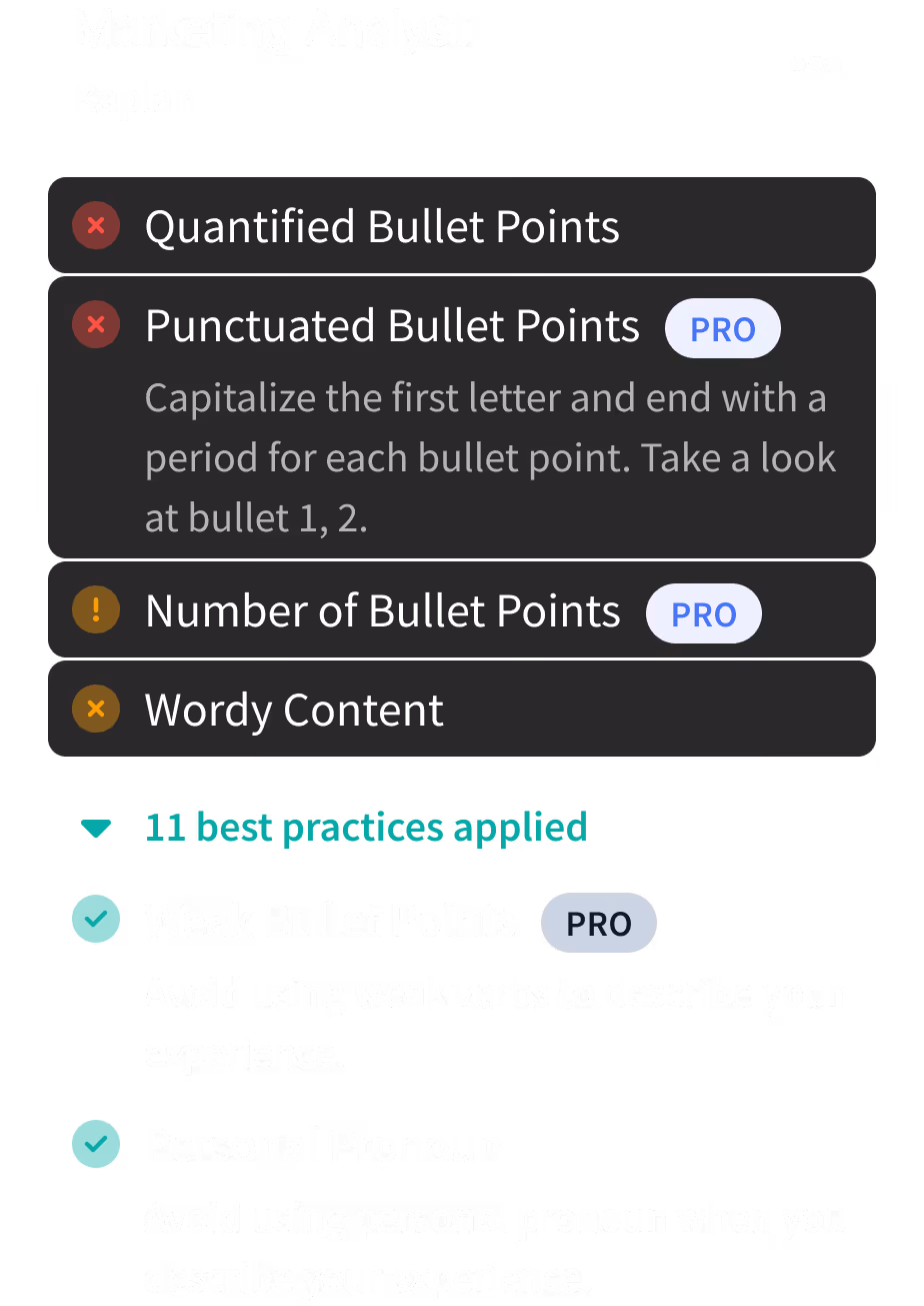 Rezi resume checker analysis results with a score and section feedback.
