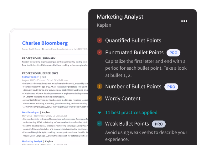 Rezi resume checker analysis results shown on mobile.