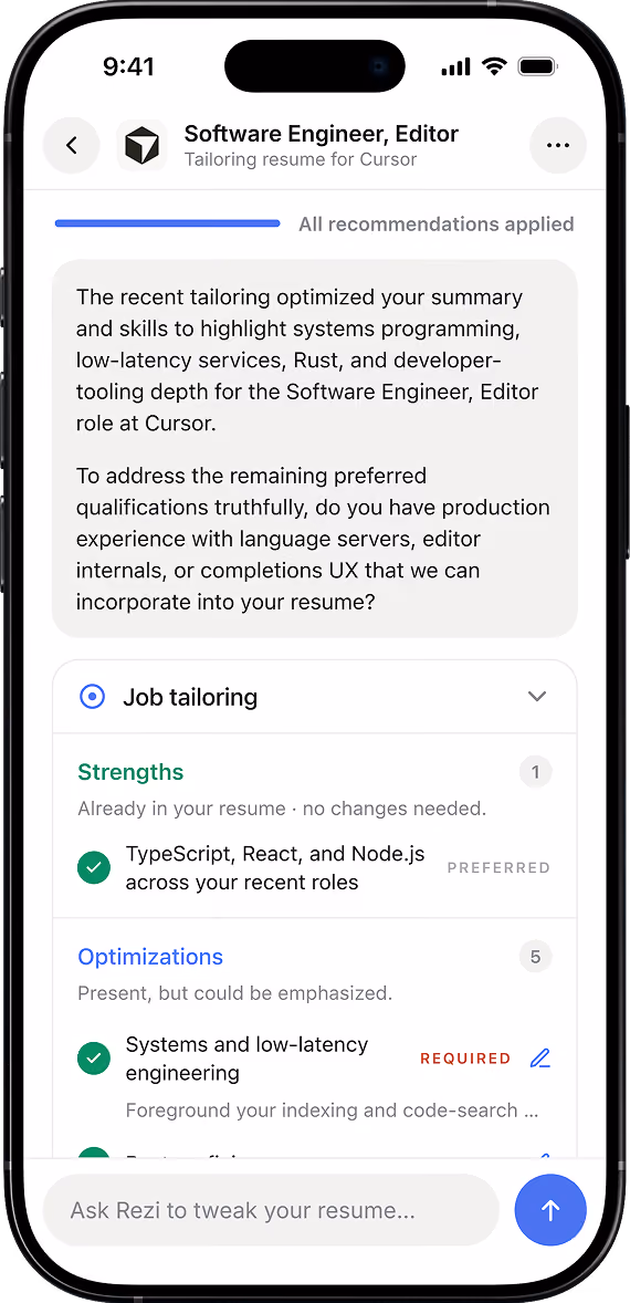 Rezi app tailoring a resume for a Software Engineer role at Cursor, with AI recommendations applied and a breakdown of strengths and optimizations
